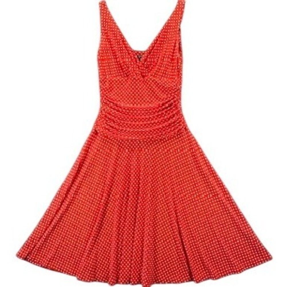 Pin Up Red Polka Dot Ruched Fit Flare V-Neck Swing Dress Sz 6 Rockabilly Party